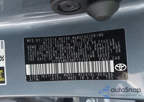 2024 Toyota Corolla Le из США, поврежденный, VIN 5YFB4MDE9RP121591